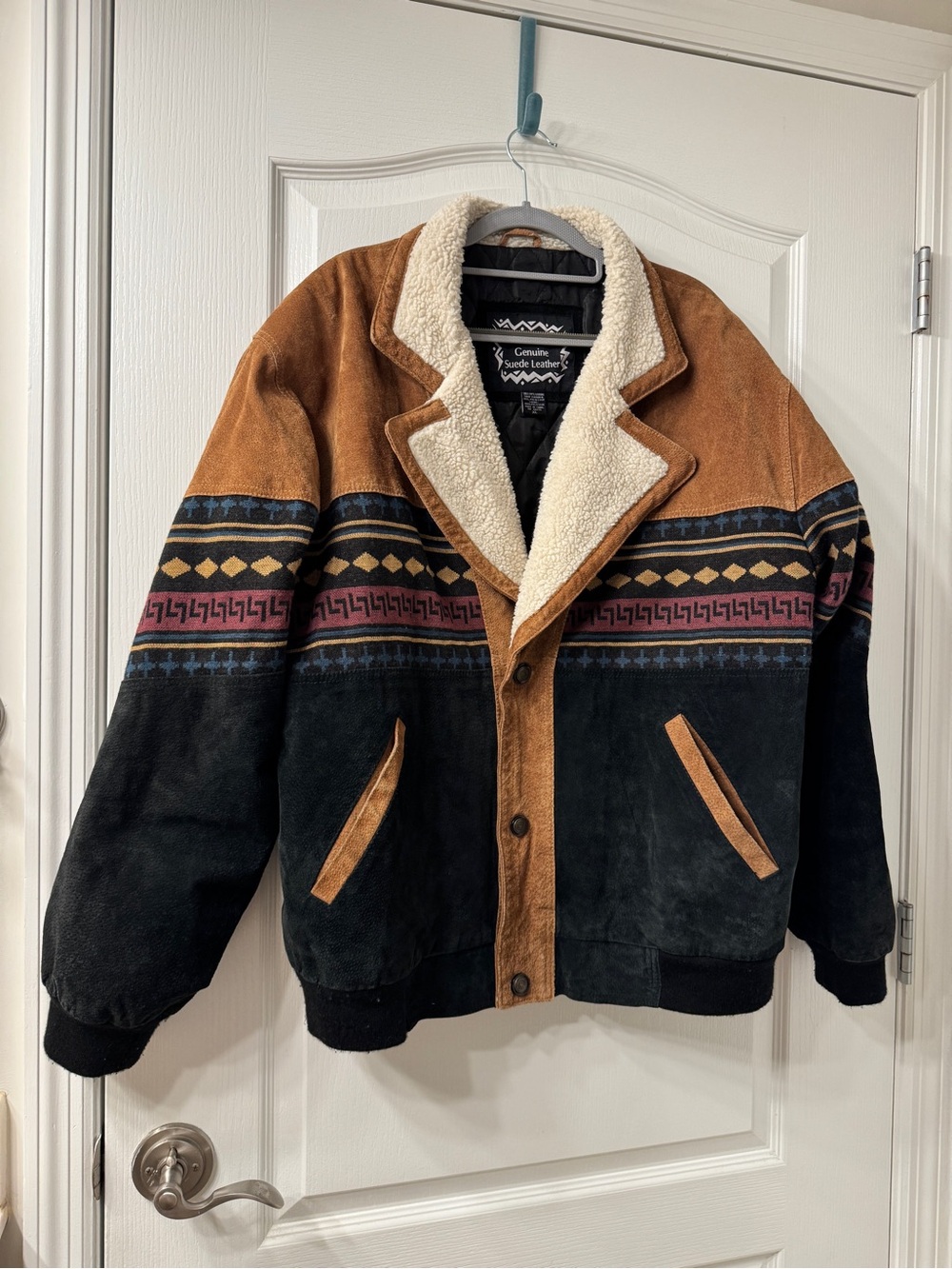 Leather Suede Two Toned Sherpa-Lined Bomber Jacket in Black & Brown